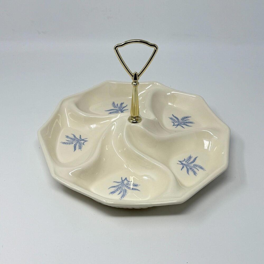 California Pottery Vintage C 205 Ivory with Blue Wheat Serving Platter Veg Tray
